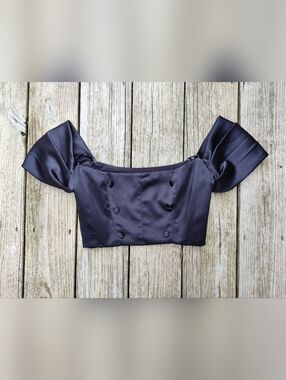 Zara Black Satin Effect Crop Top Short Sleeves Corset Off Shoulder Buttons Small